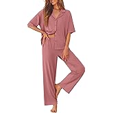 Ekouaer Women Pajamas Set Button Down Sleepwear Short Sleeve Pjs Soft Comfy Nightwear with Long Pants S-XXL