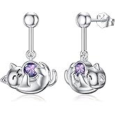 Pytali Cat Earrings 925 Sterling Silver Earrings Hypoallergenic Nickel Free Earrings for Sensitive Ears Silver Stud Earrings Kawaii Rose Quartz Birthstone Animal Stud Earrings Jewelry Gift for Women