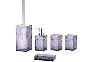 AKSIPO Purple Acrylic Bathroom Accessory Set, 5 Pcs Bathroom Accessories Set with Lotion Dispenser,Soap Dish,Tumbler,Toothbrush Holder,Toilet Brush Set, Elegant Bathroom Decor and Housewarming Gift Set