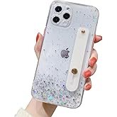 siduater Strap Case for 6.7" iPhone 15 Pro Max with Wristband Kickstand, Bling Glitter Sparkle Clear Cover Soft TPU Bumper Adjustable Hand Grip Loop for iPhone 15 Pro Max 6.7 Inch, Crystal Clear