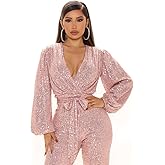 Long Sleeve Women Jumpsuit Deep V-neck Long Leg Pant Bling Shiny Sequin Party Romper