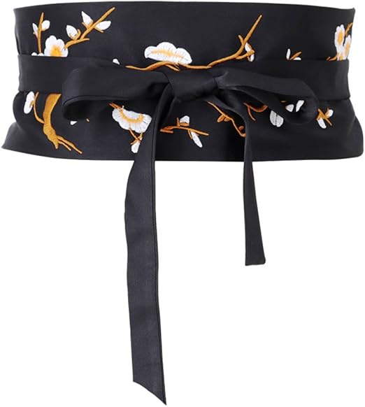 Amazon ラクエスト Laquest 和柄 梅花 刺繍 サッシュ ベルト サテン 帯 キモノ風 和モダン レトロ レディース M ブラック ベルト 通販