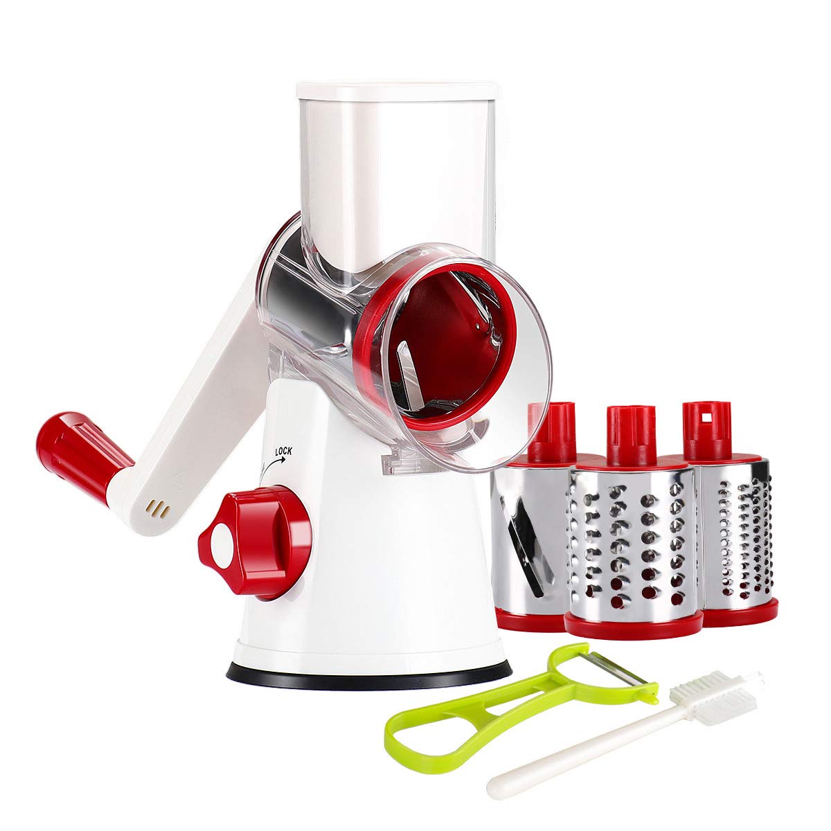 Ourokhome Rotary Cheese Grater Shredder- 3 Drum Bladea Manual Slicer Nut Grinder with Vegetable Peeler and Cleaning Brush (White red)