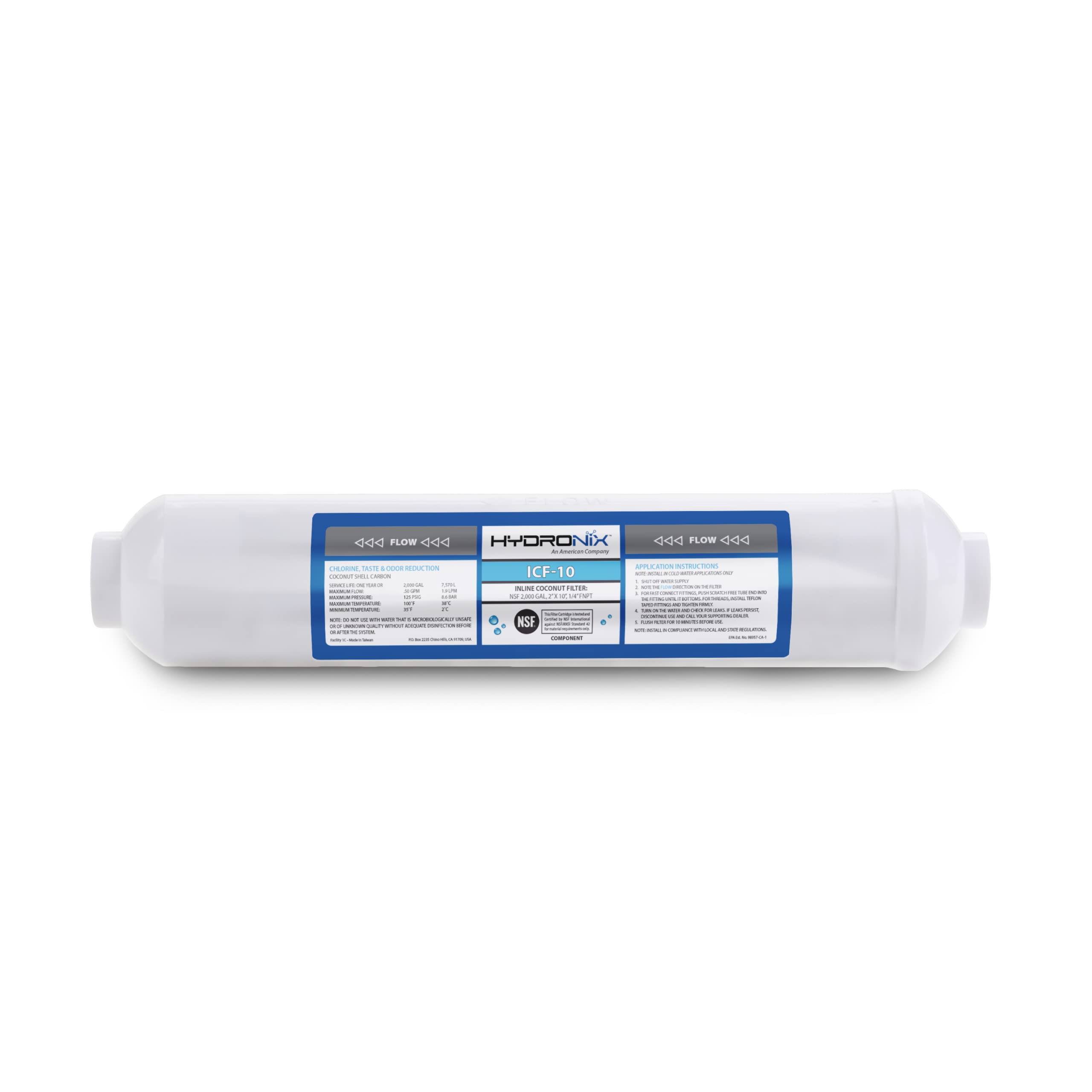 Hydronix ICF-10 RO Reverse Osmosis Post Polishing, Fridge and Ice Inline Coconut GAC Water Filter, 2000 Gal, 1/4