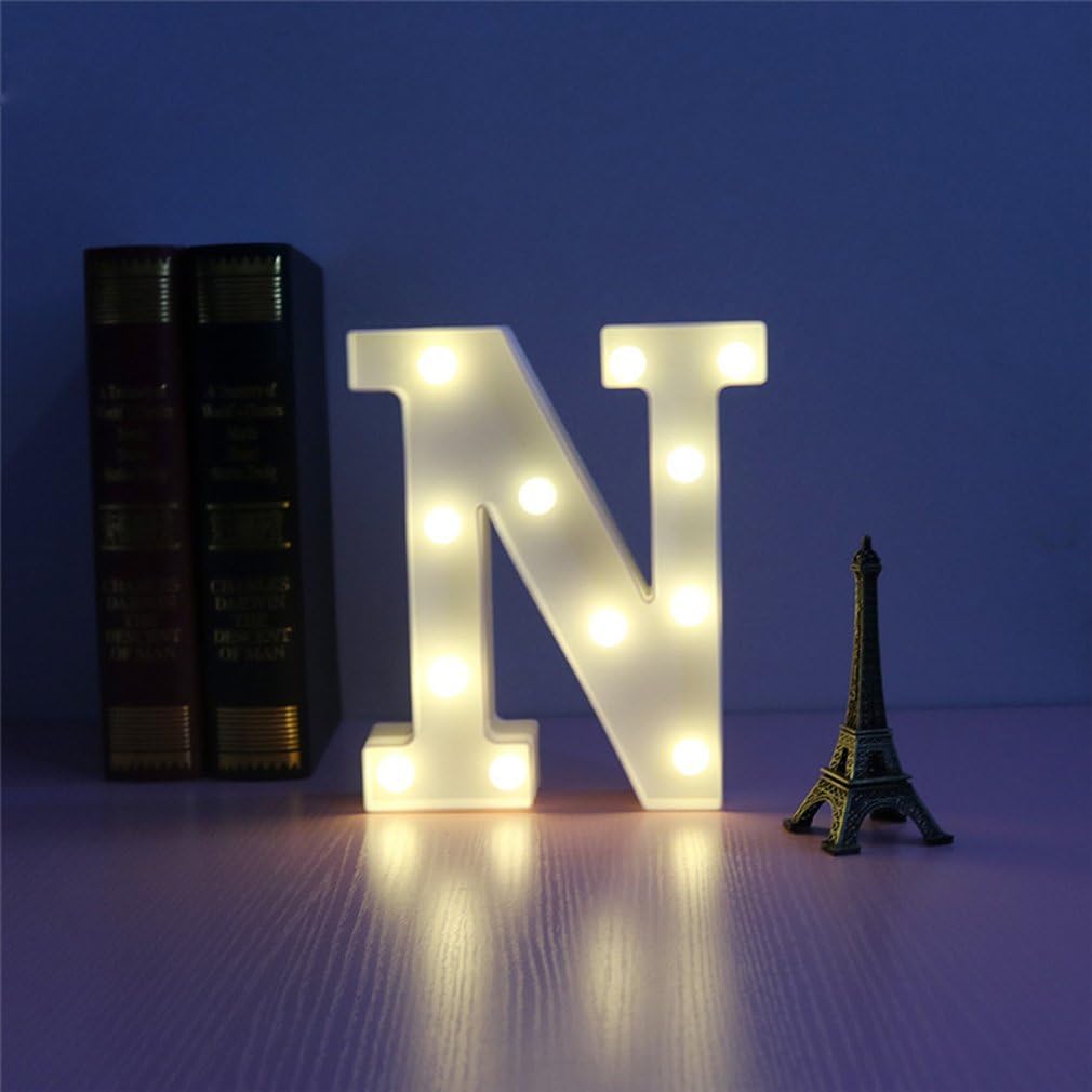 Lamker Decorative LED Lights Alphabet Letter N 26 Letters Sign Warm White Plastic Light up Word for Birthday Wedding Party Bar Bedroom Wall Hanging Night Decorations