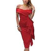 CurvySweet Women's Off The Shoulder Formal Evening Midi Dress Built-in Bra Bodycon Ruched Slit Elegant Holiday Cocktail Party