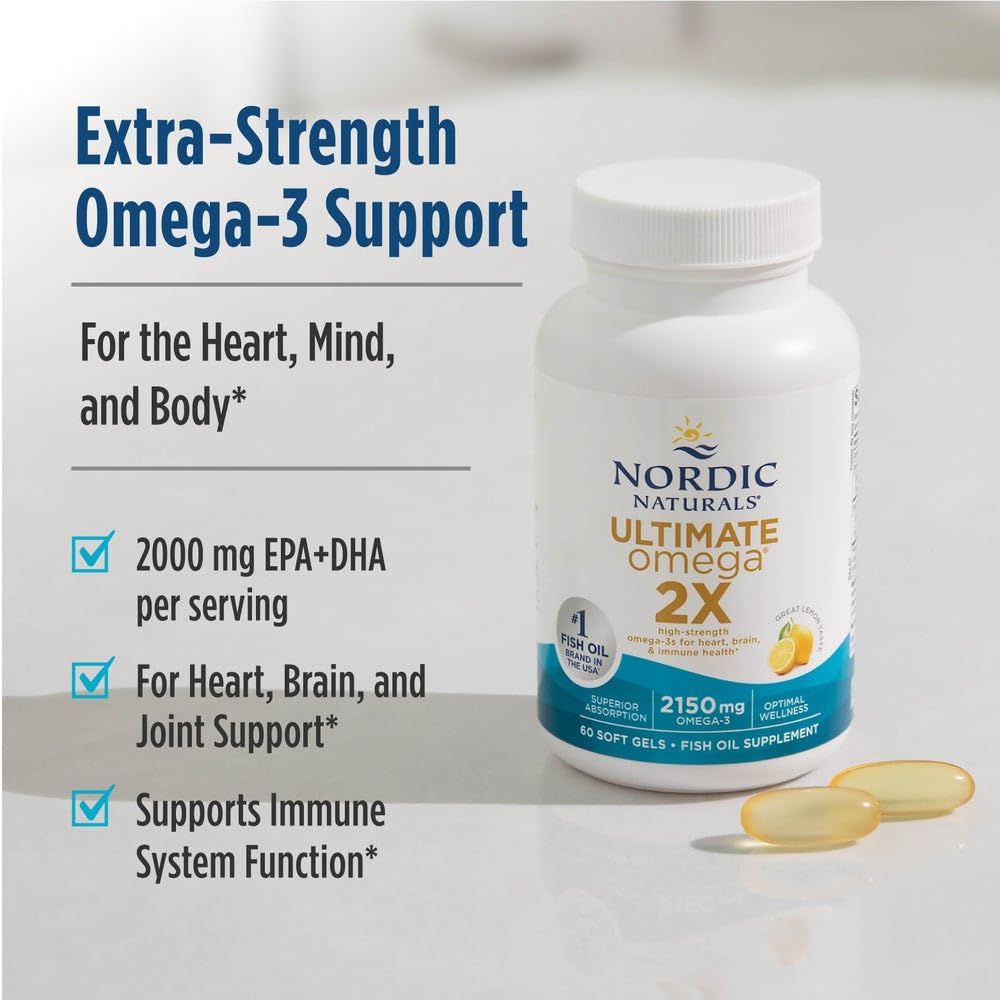 Nordic Naturals Ultimate Omega 2X, Lemon Flavor - 60 Soft Gels - 2150 mg Omega-3 - High-Potency Fish Oil with EPA & DHA - Promotes Brain & Heart Health - Non-GMO - 30 Servings
