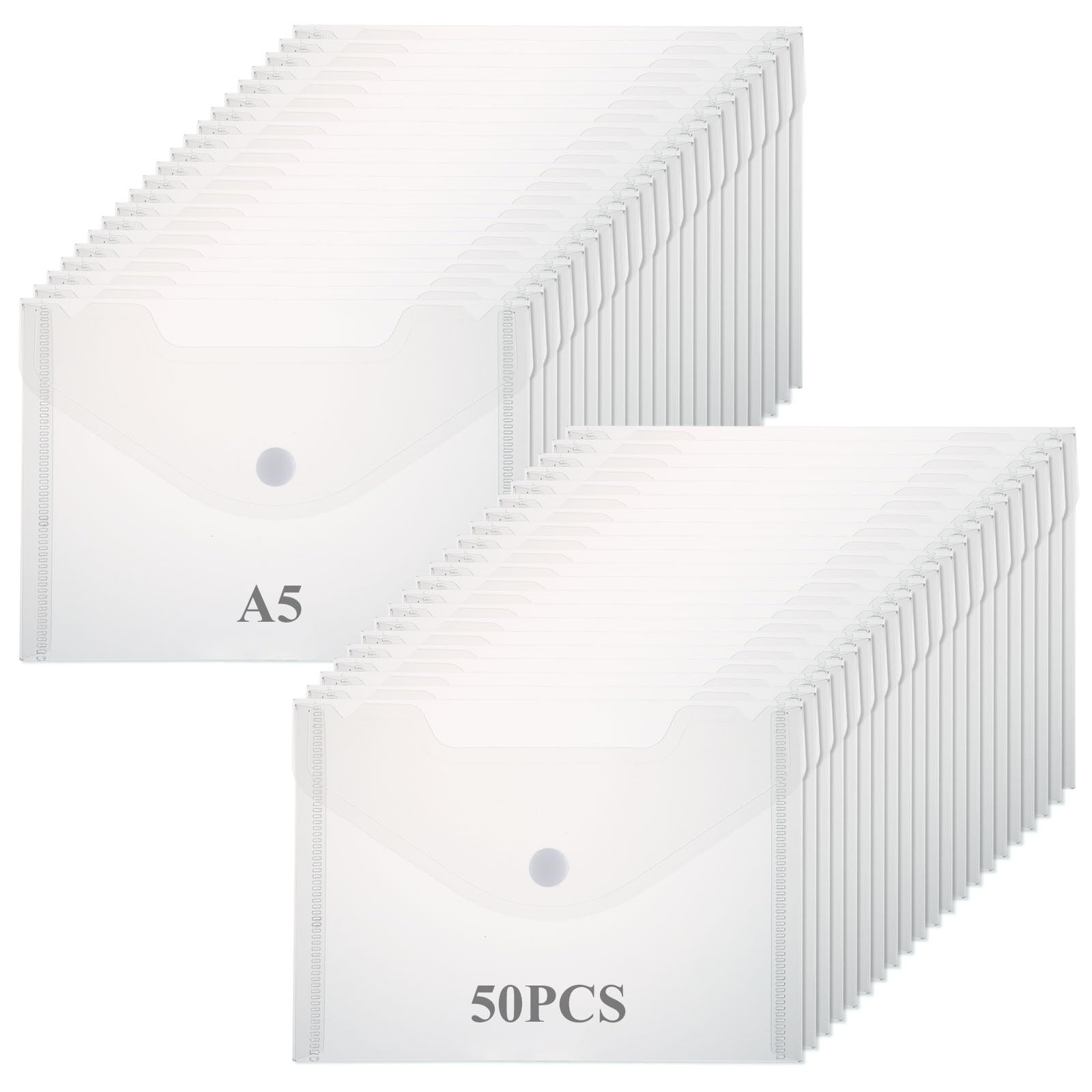 SHUESS 50 Pcs A5 Plastic Wallet - A5 Plastic Wallets with Popper - Clear Document Wallet for Home, Office, School