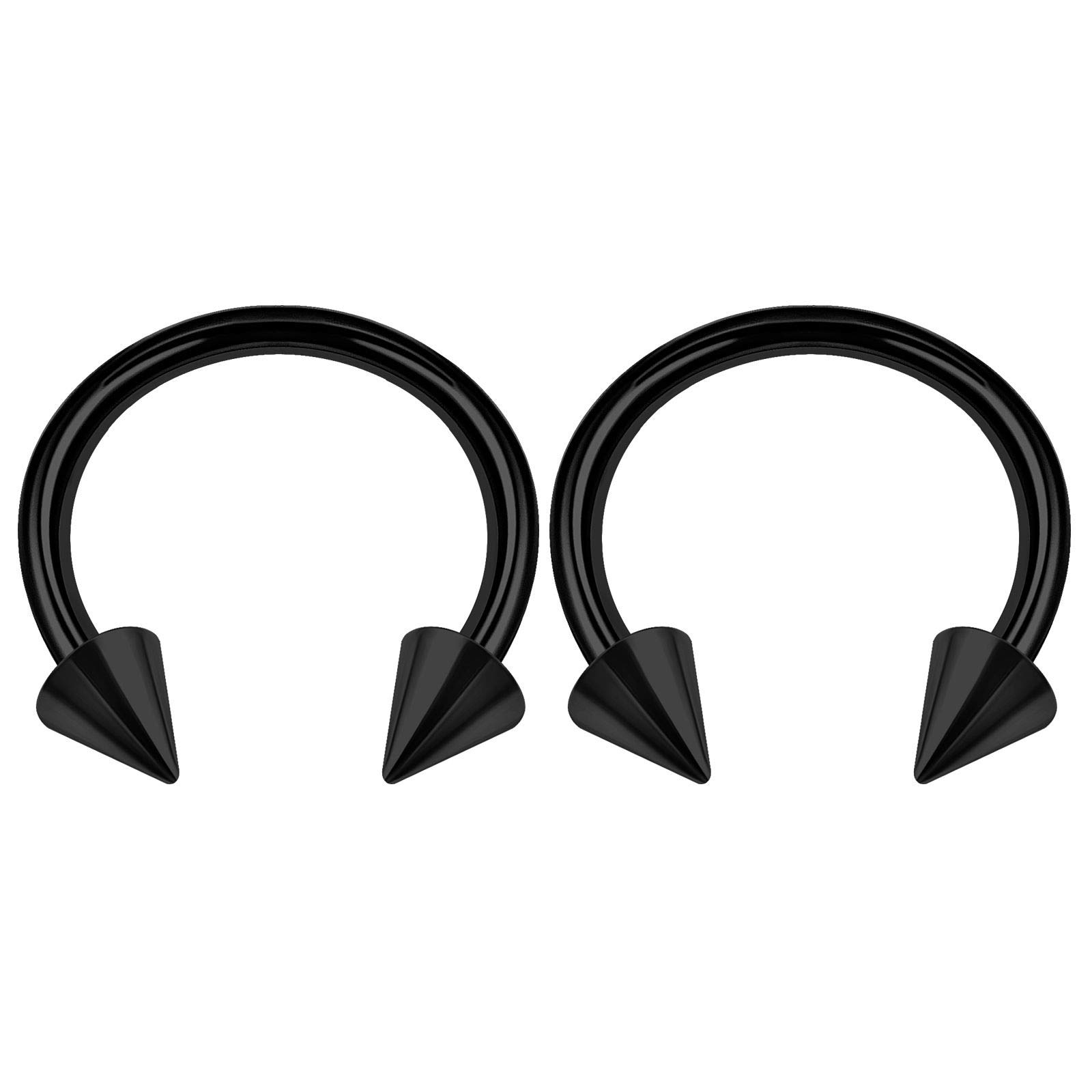 KJM FASHION 2PCS Stainless Steel Black Circular Barbell Horseshoe 14 Gauge 1/2 12mm 4mm Spike Nose Earrings Tragus Piercing Jewelry 2913