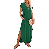 RUMIA Summer Casual Maxi Dresses for Women- Women's V Neck Cap Sleeve Long Sundress with Pockets Beach Vacation