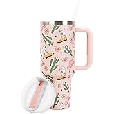 FYSUIMU Cowgirl Tumbler with Straw and Lid 40oz Pink Cowgirl Boots Hat Cactus Flower Stainless Steel Cup with Handle Western Theme Travel Coffee Tumbler Cup for Home Office
