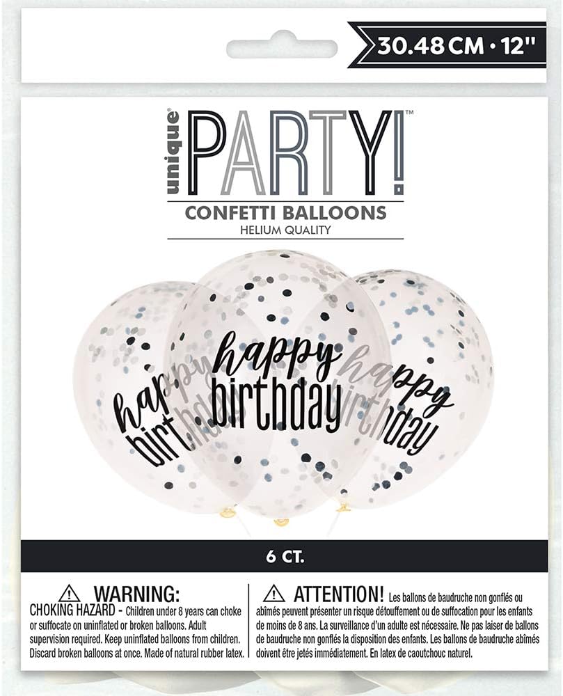 Clear Printed Glitz Happy Birthday Latex Balloons with Confetti Black & Silver (30cm) - Perfect for Party Decor Birthday & More - 6 Pcs