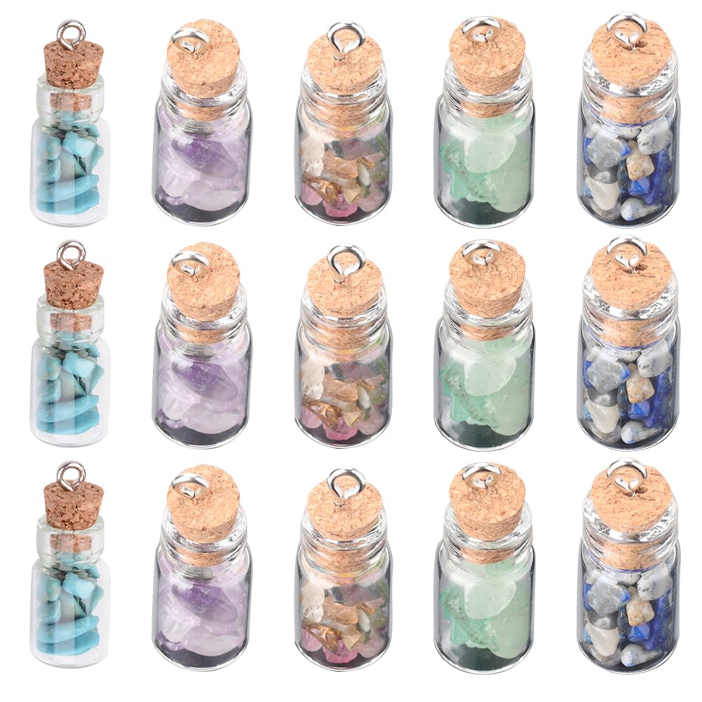 SUNNYCLUE 1 BOX 30Pcs Mini Glass Bottle Charms Necklace Wish Bottle Charm Tiny Jar Small Gemstones Drifting Cork Stoppers Decoration for jewellery Making Earring Keychain Xmas Gift