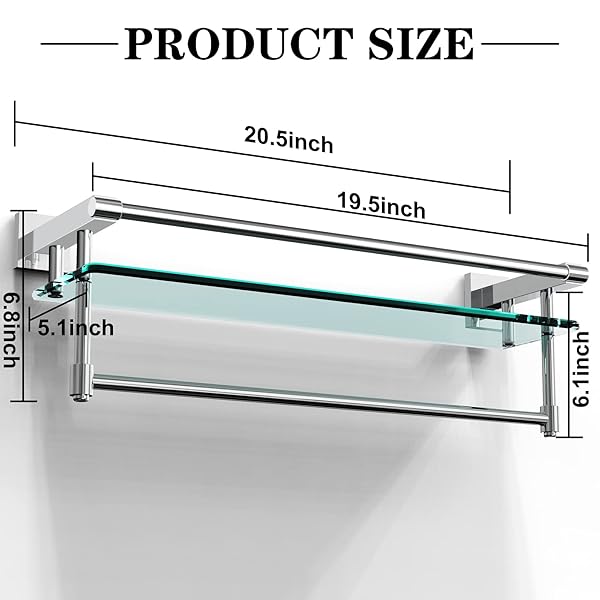 SFGSOWOR BATHROOM GLASS SHELF WITH TOWEL RACK ORGANIZER WALL-MOUNTED BATHROOM STORAGE SUS304 STAINLESS STEEL TOWEL BAR/TRACK WALL-MOUNTED TEMPERED GLASS SHELVES (CHROME POLISHED, 20-INCH)