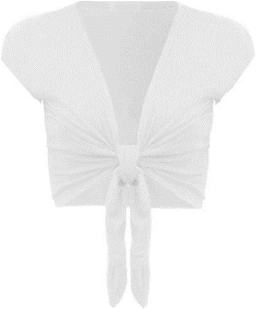 Womens Short Sleeve Plain Front Tie Bolero Top Cropped Cardigan Shrug