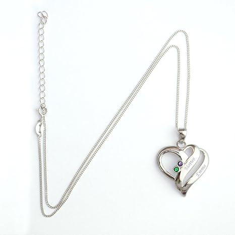 Herz Anhänger mit 2 Namen graviert und 2 farbigen Geburtsmonat Swarovski Kristalle nach Wahl (Geburtsstein) / Herzanhänger + 