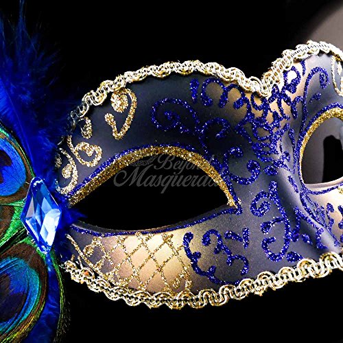 Classic Venetian Elegant Swan w/ Peacock Feathers Design Laser Cut Masquerade Mask for Mardi Gras Events or Halloween - Blue