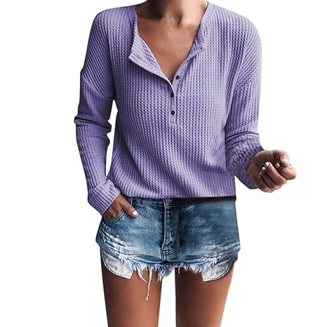 Bluelucon Damen Strick Tops Bluse V-Ausschnitt Henley Shirt Button Langarmshirt Strickwaren Casual Langarm Oberteile Herbst W
