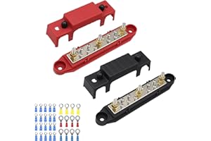 DIKJAK 150A 12-48V 10 Terminals Bus Bar Automotive Power Distribution Block with 32 Wire Lugs, Battery Terminal Block for Car Audio Distribution Block, Marine Bus Bar Block- Set of 2