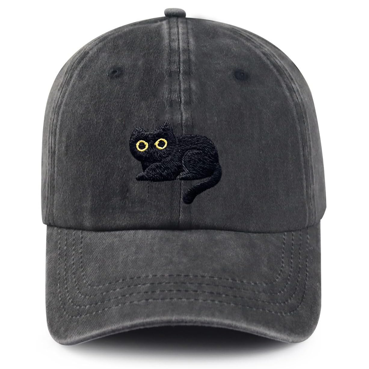 Photo 1 of Black Cat Embroidered Baseball Cap for Men Women - Adjustable Cotton Washed Dad Hat