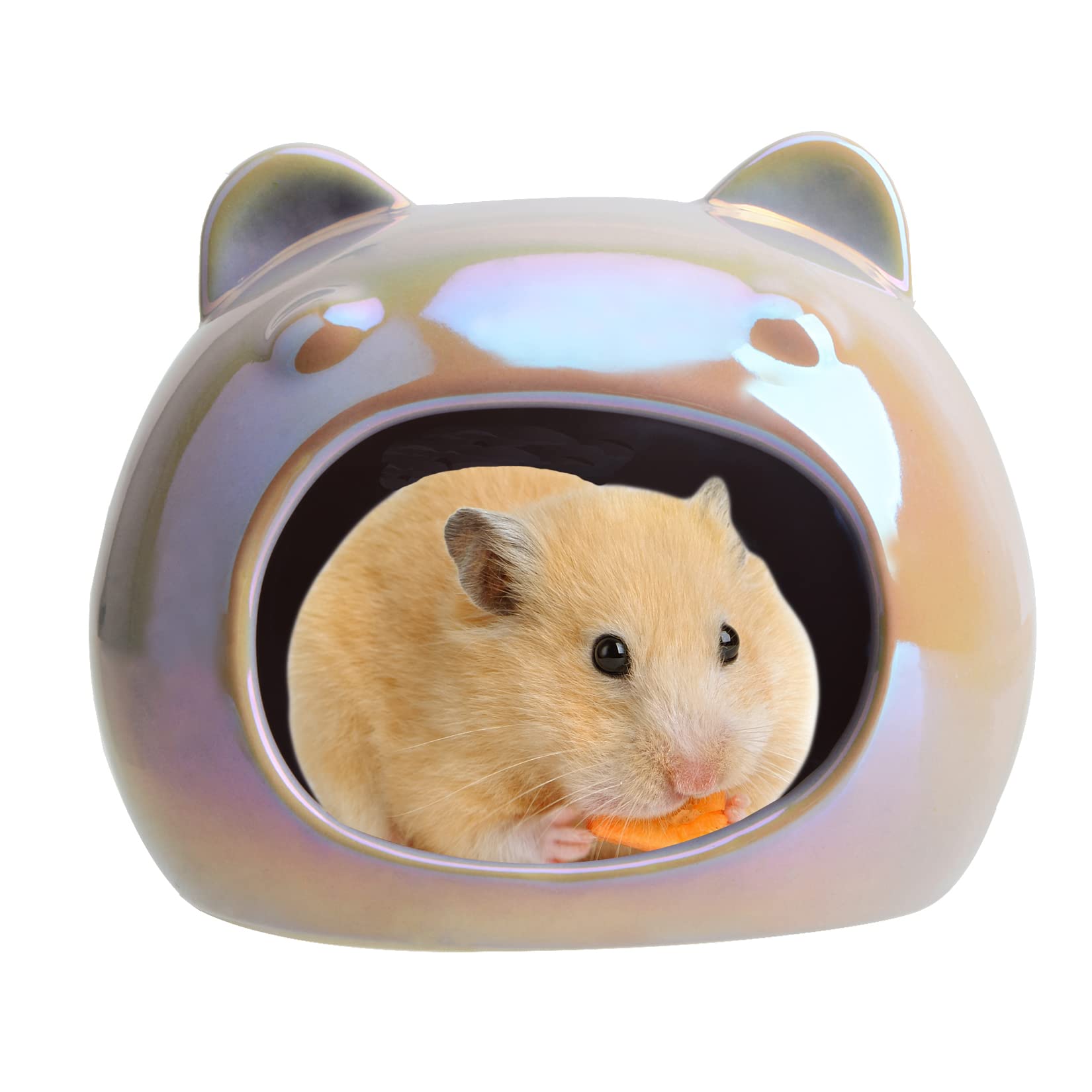 Uotyle Hamster Hideout Large Ceramic Hamster House Cute Bear Head Shape Hamster Habitats Non-Toxic Glazed Hamster Cooling Cave For Small Pets(Purple)