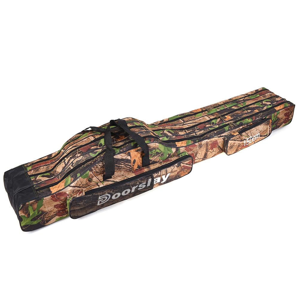 doorslay Fishing Bag Portable Folding Fishing Tackle Storage Bags Oxford Fishing Rod Case Fishing Pole Bag Carry Organizer Waterproof for Fishing Camping Hiking Traveling, Tree Camouflage, 150cm