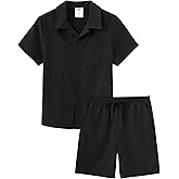 MoFiz Boy's Short 2 Pieces Set Casual Beach Outfits Button Down Shirts Shorts Vacation Texture Sets Kids 6-16 Years