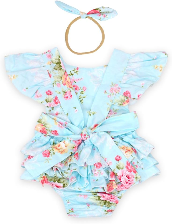 Baby Girls Cotton Vintage Floral Ruffle Rompers Clothing Headband Set