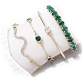 SKYGLEAM 4Pcs Emerald Green Crystal Bracelet Set for Women, Gold Tone Stackable Rhinestone Cuff Bangle Chain Bracelets, Boho Layered Party Jewelry Gift