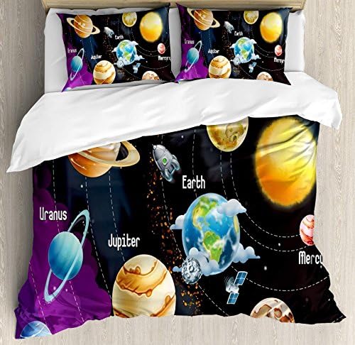 USOPHIA Outer Space 4 Pieces Bed Sheets Set Queen Size, Solar System of Planets Milky Way Neptune Venus Mercury Sphere Illustration Floral Duvet Cover Set, Multicolor
