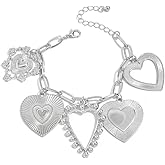 PLOUTOS Mixed Heart Charms Tag Open Outline Beaded Edge Faceted Chunky Link Bracelet For Women Statement Y2K Trendy Gold Color Silver Color Adjustable Fit
