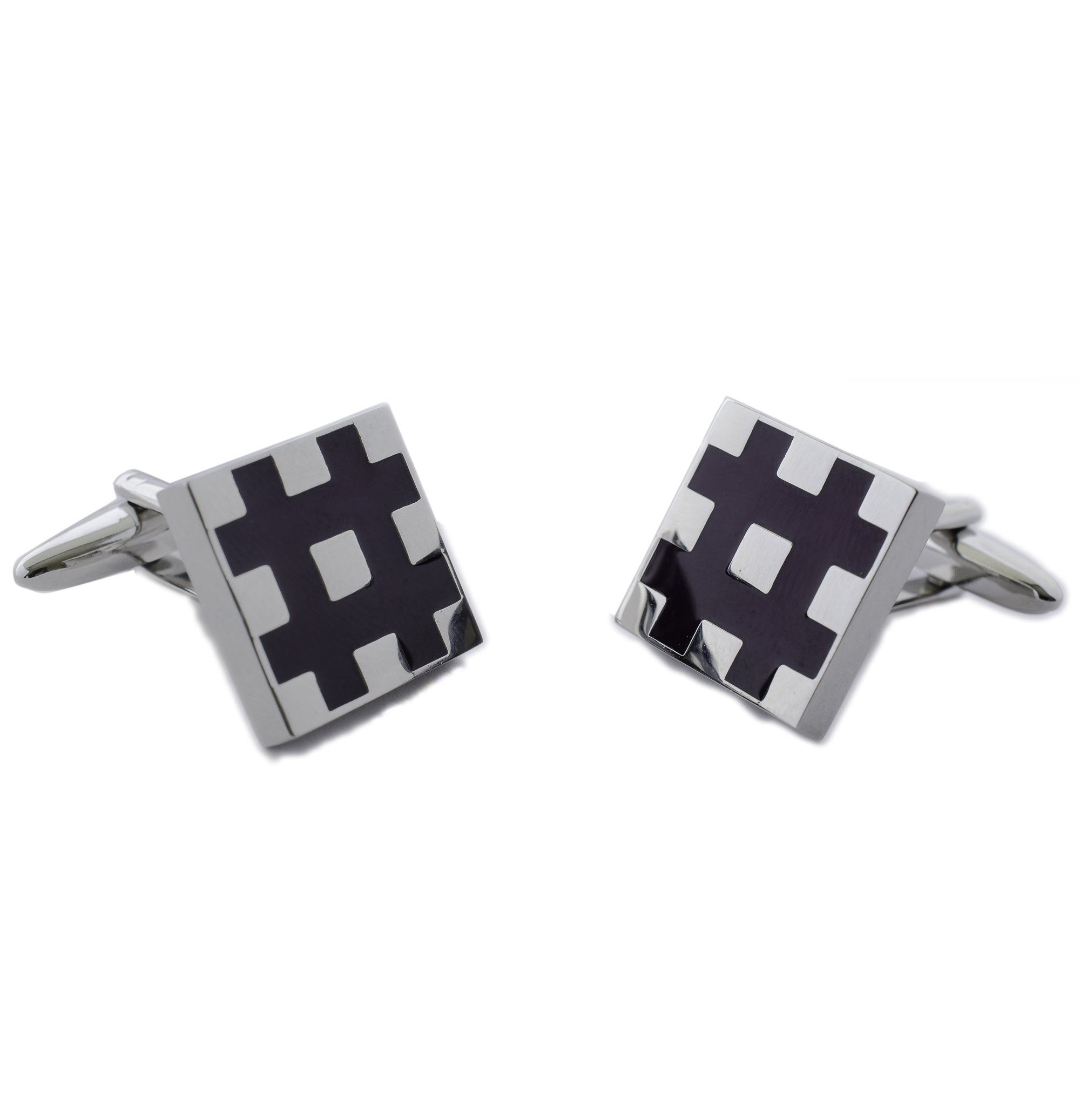 Solid Rhodium Cufflinks with a Purple Hashtag Design with Gift Pouch and Collar Bones