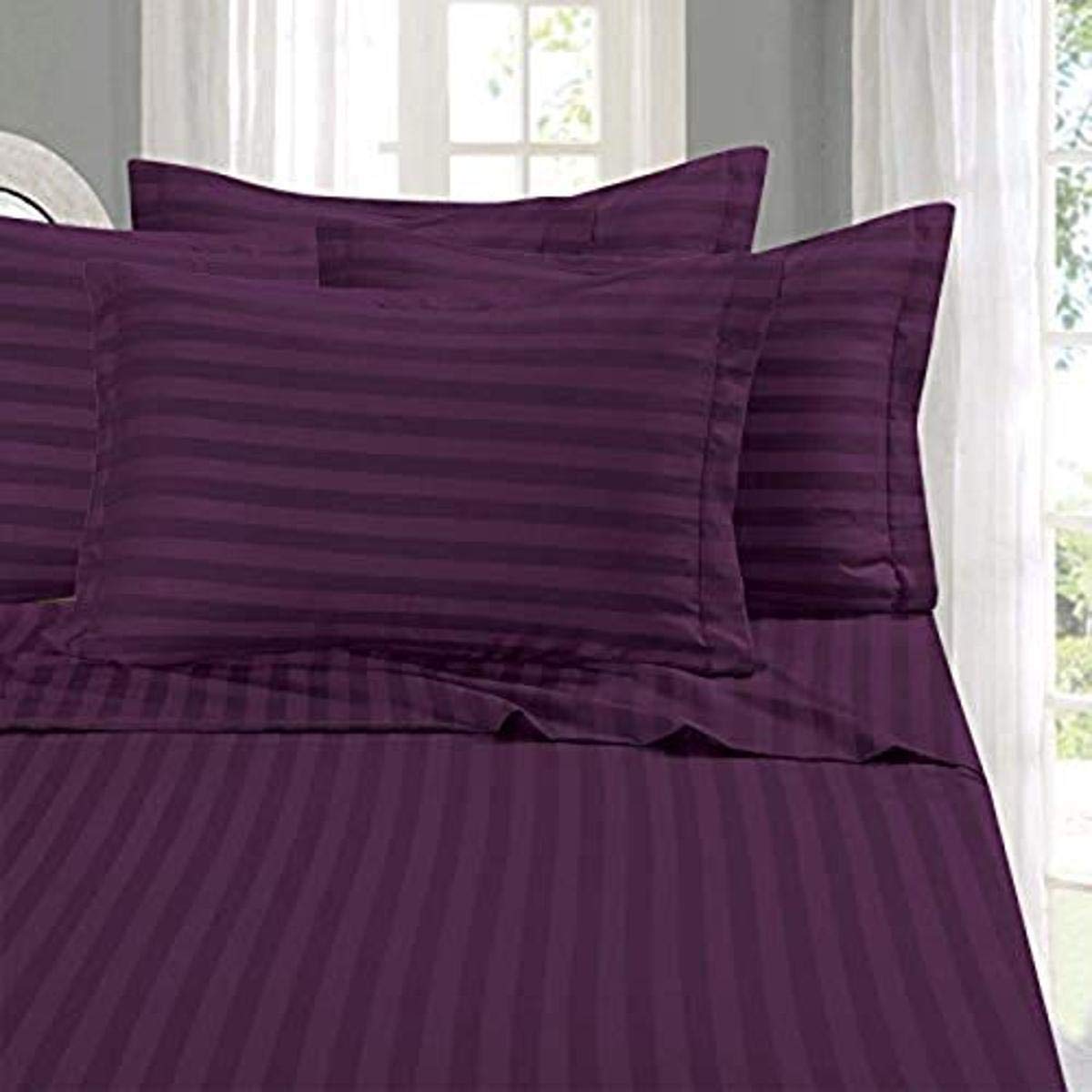 Elegant Comfort Wrinkle & Fade Resistant 1500 Thread Count - Damask Stripes Egyptian Quality Luxurious Silky Soft 4pc Sheet Set, Up to 16" Deep Pocket, King, Purple