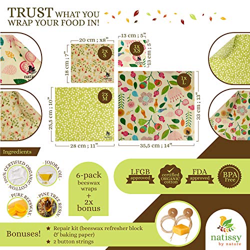 Beeswax Wraps for Food, Set of 6 Organic Bees Wax Paper for Bread, Cheese, Sandwiches; Reusable Bee Wax Wrap for Covering Bowls; Washable Beeswax Paper; Sustainable Beeswax Cloth Cover for Eco Kitchen