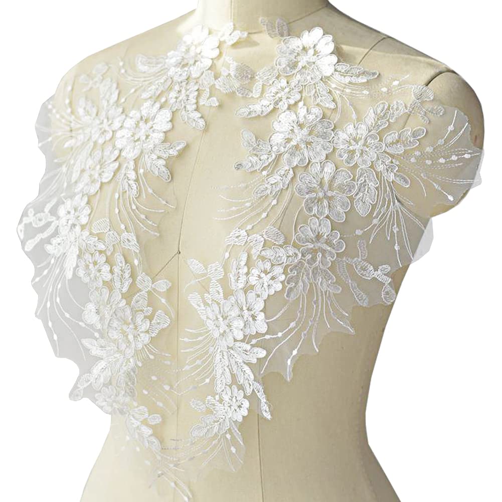 Photo 1 of Flower Embroidery Sequin Lace Appliques Trim Floral Embroidered Sew on Patches for Wedding Bridal Dress Party Gown Bodice Craft DIY, 1 Pairs (White)
