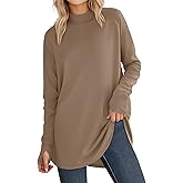 JUSTFASHIONNOW Tunic Tops for Women Casual Long Sleeve Turtle Neck Shirts Thumb Hole Curved Hem Tops Fall Fashion