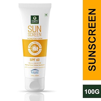 Organic Harvest Sunscreen SPF 60 For Oily Skin Type, PA+++, Matte Finish, Water Resistant, Sulphate Free - 100gm