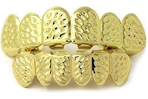 TSANLY Gold Grillz Teeth Set Best Gift for Son-New Custom Fit 14k Plated Gold with Diamonds Cut Grillz - Excellent Cut for All Types of Teeth – Top and Bottom Grill Set - Hip Hop Bling Grillz