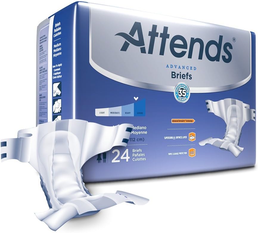 Attends Advanced Briefs with Advanced Dry-Lock Technology for Adult Incontinence Care, Medium, Unisex, 24 Count (Pack of 4): Health & Personal Care