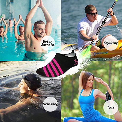 Cevinee Slip-on Water Shoes, Anti-slip Athletic Aqua Socks, for Outdoor Pool Beach Swim Exercise Workout - Pink Stripe L - Thumbnail 6