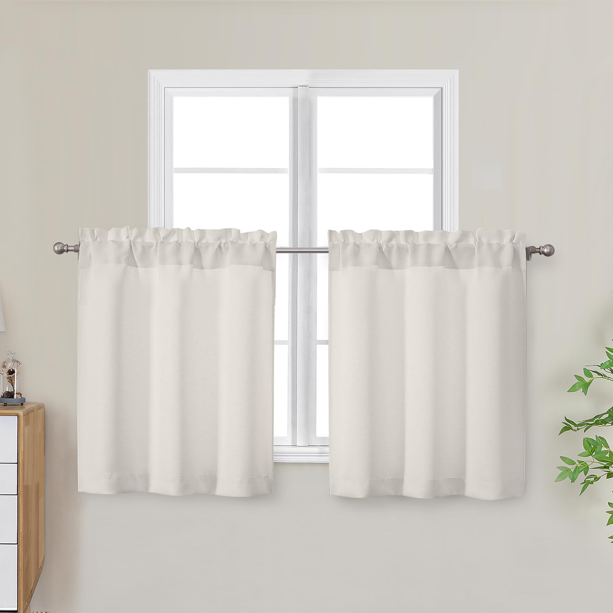 Photo 1 of OWENIE Natural Light Filtering Short Curtains Tier 24 Inch Length 2 Panels Set, Small Kitchen Curtains over Sink, Half Window Cafe Curtain for Bathroom Basement Cabinet Camper,Each 30"Wx24"L, Natural