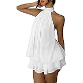 Fhykiss Women's Chiffon Halter Drop Waist Mini Dress Wedding Guest Dresses Ruffle Formal Holiday Club Brunch Outfits