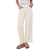 Allegra K Linen Pants for Women Casual Lightweight Wide Leg Elastic Waist Button Trousers with Pockets