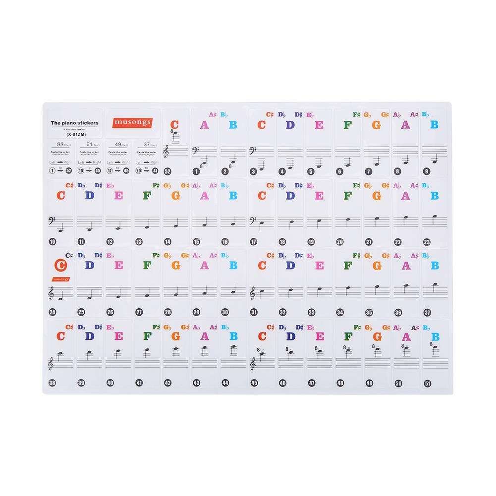 61/88 Key Piano Sticker, Transparent Removable Piano Keyboard Notes Label Decal Piano Beginner Kids Learning Training Tool (Colored)