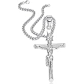 BESTEEL Sterling Silver Crucifix Necklace for Men Women - Men's Silver Crucifix Pendant Necklace with Stainless Steel Rope Chain Catholic Baptism Jesus Cross Necklace Jewelry Christian Baptism Gifts