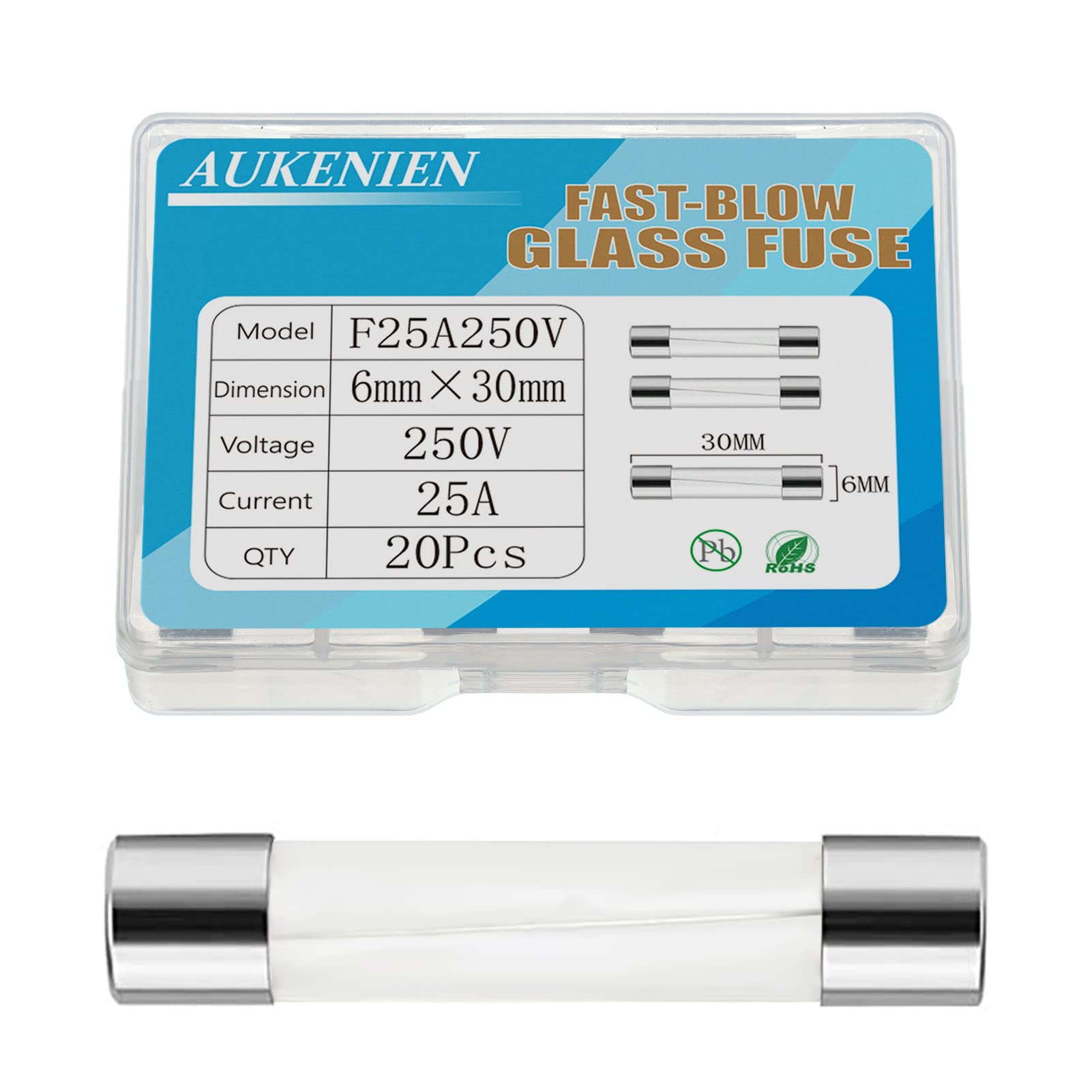 AUKENIEN 6X30 MM 25A 250V Glass Fuses F25AL 25 Amp 250 Volt F25AL250V Fast Blow Cartridge Tube Fuse, Multiple Values of Glass Fuse Optional (Pack of 20)