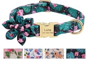 Beirui Custom Flower Girl Dog Collar for Female Dogs- Floral Pattern Engraved Pet Collars with Personalized Gold Buckle(Green