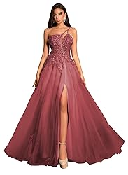 Tulle Mulberry Prom Dresses with Slit Spaghetti