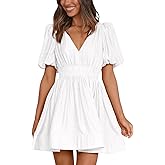 BWQ Women Mini Dress Short Puff Sleeve Sexy V Neck Dress A-line Elastic High Waisted Casual Flowy Summer Dresses