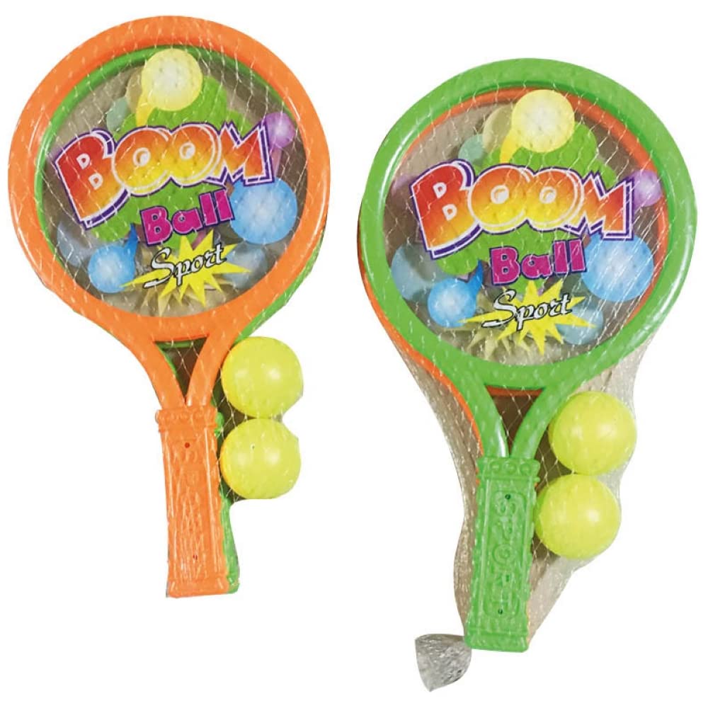 Playwrite Boom Ball Kids Tennis Rackets with 2 Balls, Garden Games, Beach Fun for Kids Party bag fillers, 30x16cm